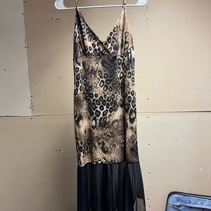 Elegant Leopard Print High-Low Dress with Sheer Black Hem
